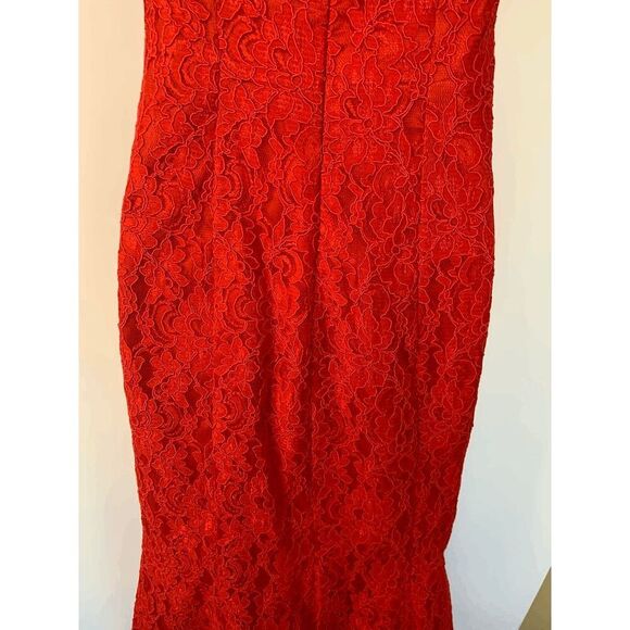 Mikael Aghal Red Full Length Lace Overlay Maxi Dress - Picture 8 of 8